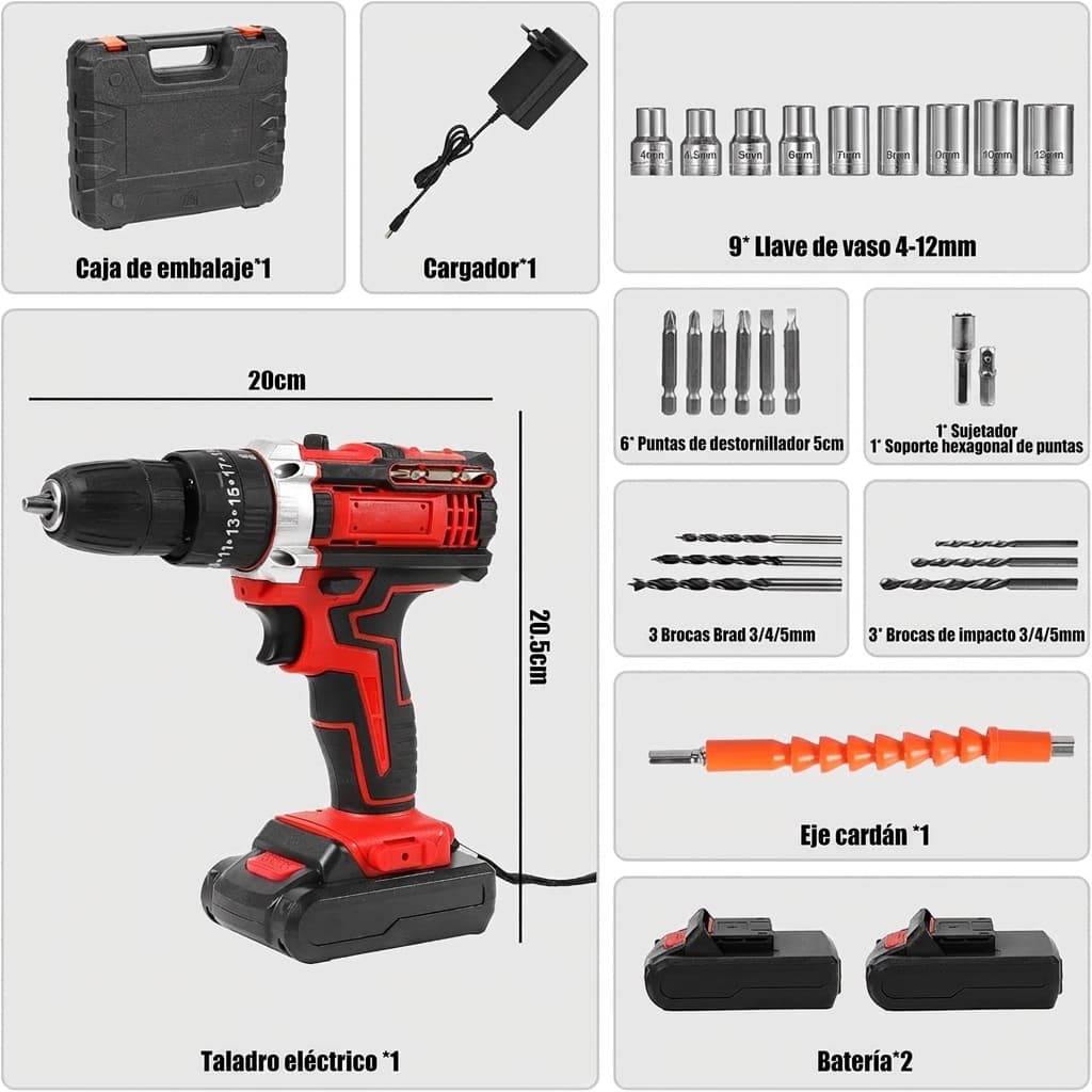 Miniatura: Contenido completo del kit con medidas del taladro de 20 × 20,5 cm