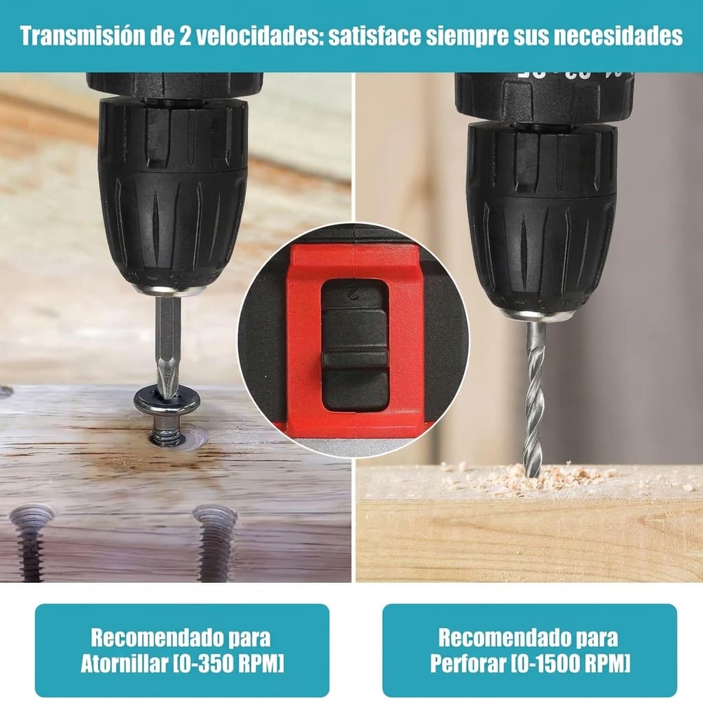 Miniatura: Selector de 2 velocidades: 0–350 RPM para atornillar y 0–1500 RPM para perforar