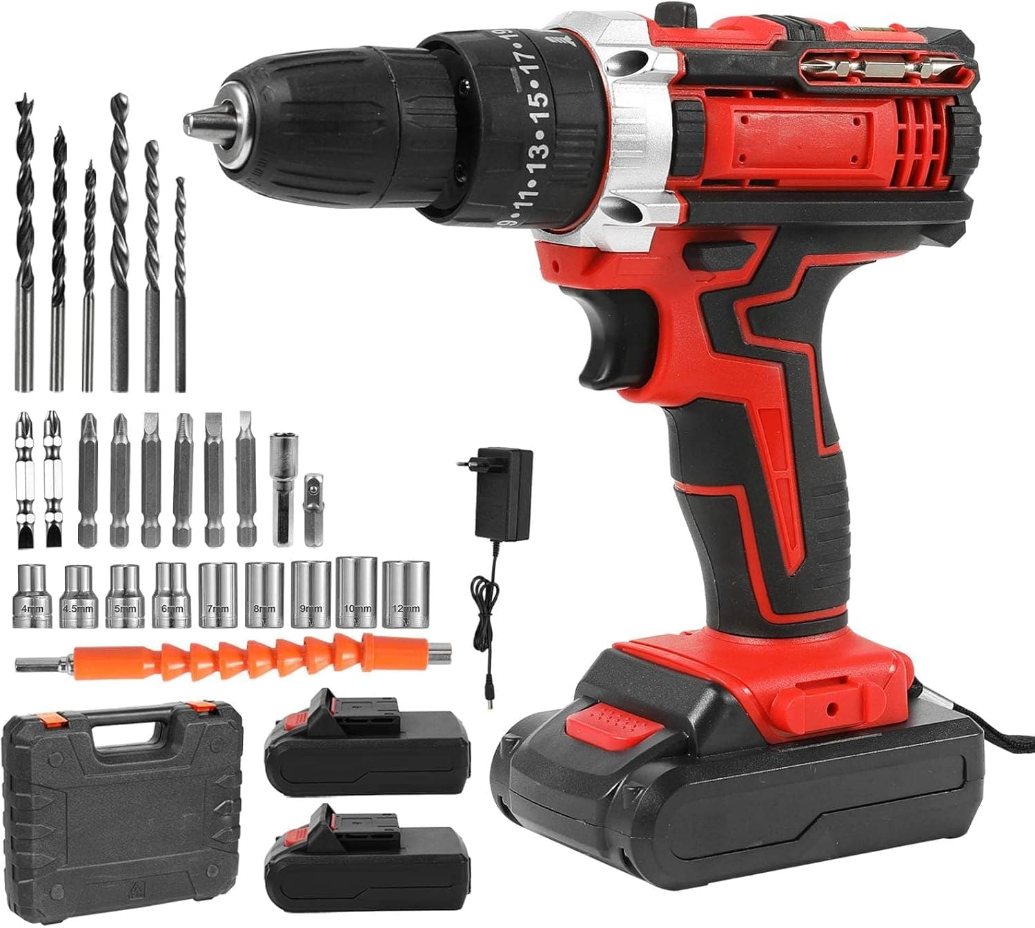 Miniatura: Kit de taladro inalámbrico 21 V rojo con dos baterías, cargador, brocas, vasos y maletín