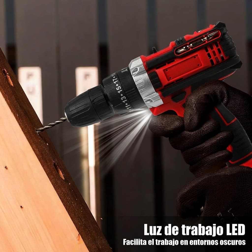 Luz LED del taladro iluminando una tabla de madera